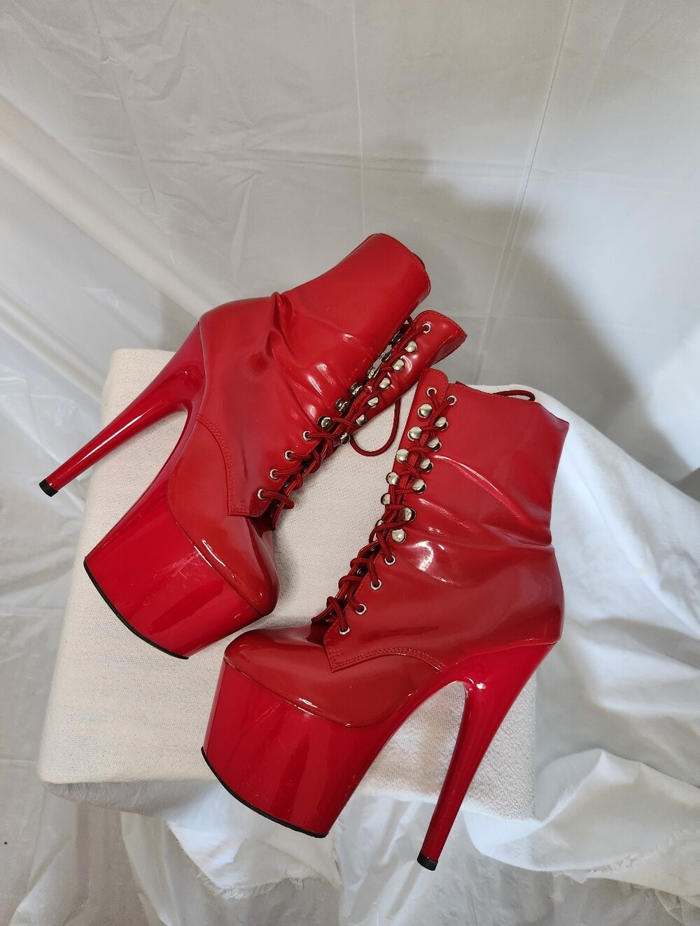 Red Patent Platform Lace-Up Ankle Boots – Extreme High Heel Pole/Dancer Style